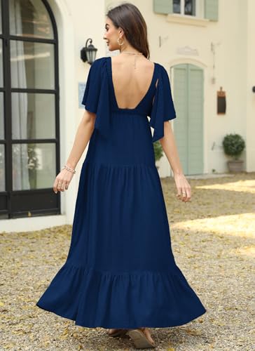 Image of Kikibell Women Summer Dresses Sexy V-Neck Maxi Dress Tiered Silhouette with Flutter Sleeve Backless Elastic Waist Flowy Dress