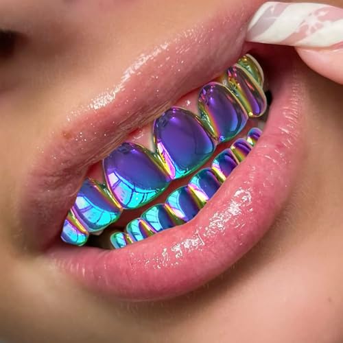 SSyang Grills Dentaires,Hip Hop Teeth Faux Punk 18K Hip Hop Dents,Haut en Bas Diamant Strass Dents Grillz Halloween Festival Musique Party Rapper Costume Accessoire Décoration(Dégradé de Couleurs) – vue 5
