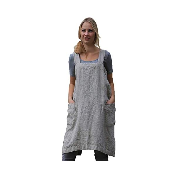 Women’s Pinafore Square Apron Baking Cooking Gardening Works Cross Back Cotton/Linen Blend Dress with 2 Pockets Gray