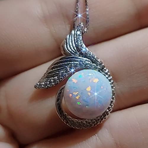 Diamond Mermaid White Opal Necklace Sterling Silver White Gold Fish Tail Opal Pendant White gold 18kgp2