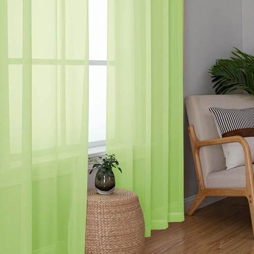 Image of Simplebrand Lime Short Sheer Curtains 45 Inch Length for Small Windows, Rod Pocket 2 Panels Set Solid Voile Drapes Window Sheer Curtains for Bedroom Bathroom Kids Room Kitchen, 42x45 Inch, Lime