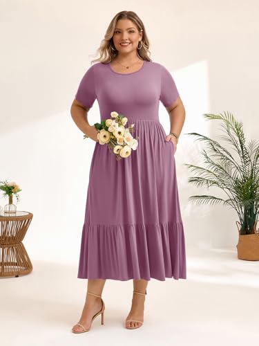 Image of LARACE Plus Size Dresses for Women Summer Casual Short Sleeve Long Dress Flowy Maxi Beach Dresses with Pockets L-6XL