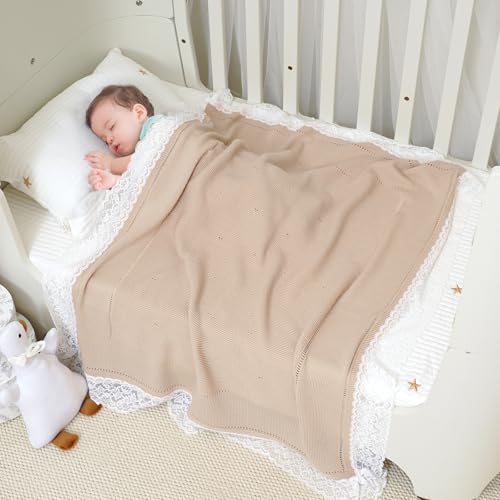 Image of mimixiong 100% Pure Cotton Baby Blanket Extra Soft Cellular Neutral Swaddle Receiving Crib Blanket for Newborn Baby Boy Girl Size 30 x 40 inches (Camel -lace)
