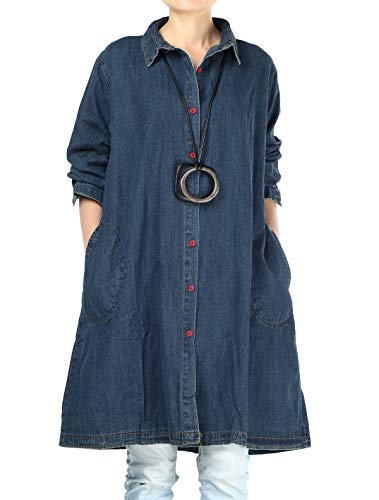 FTCayanz Damen Hemd Voller vorderer Knopf Blouse Kleid Übergröße Langarmbluse Jeanshemd Blau M