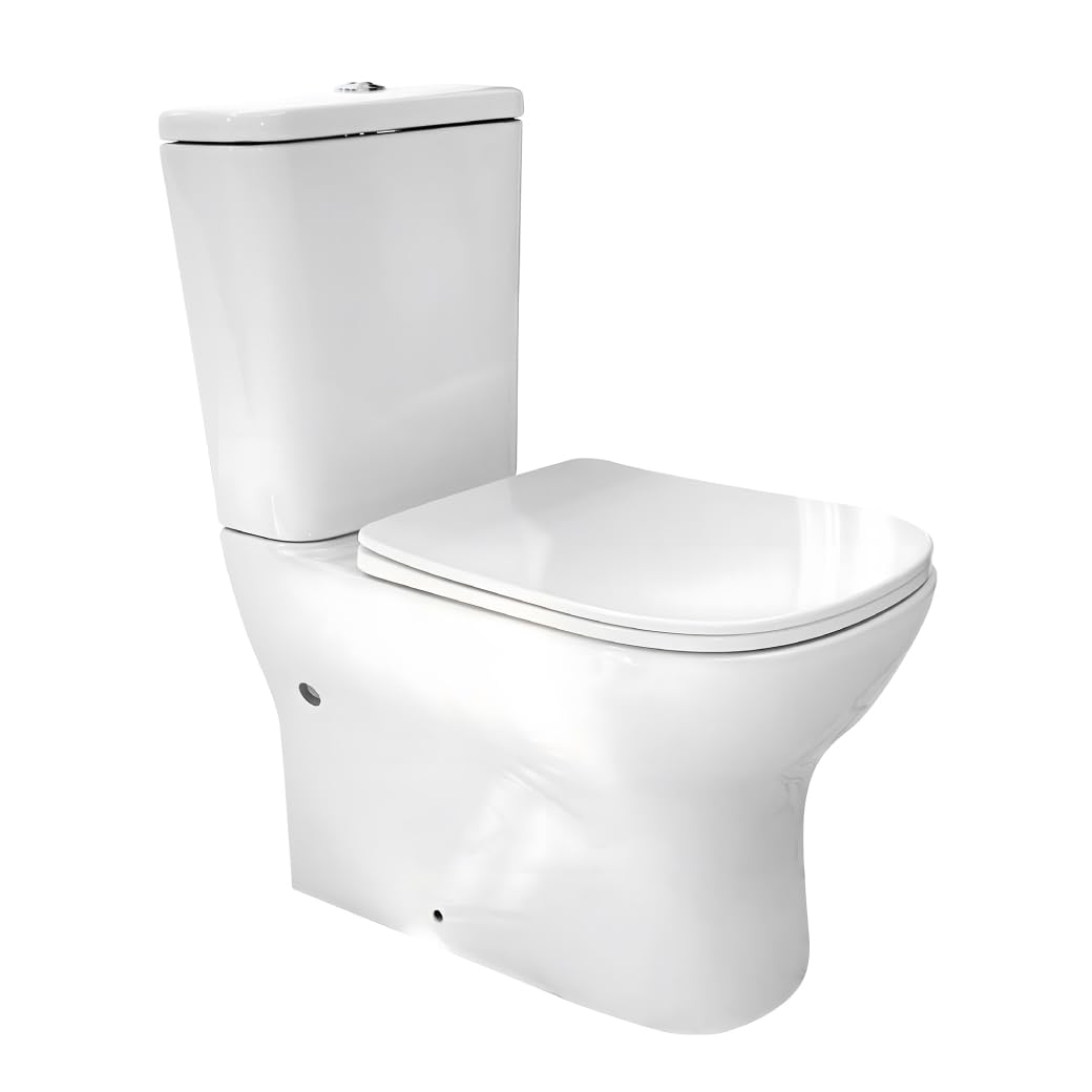 Inodoro Blanco, Wc Inodoro COMPLETO, Retrete para Hogar, Sistema RIMLESS ANTIBACTERIA, Tapa Dura Extrafina AMORTIGUADA, Salida Dual
