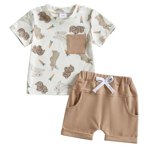 One opening Easter Outfit Baby Boy Girl Shorts Set Cartoon Carrot T Shirt Tees Tops Shorts Infant Toddler Easter Clothes (Coffee, 12-18 Months) Cover