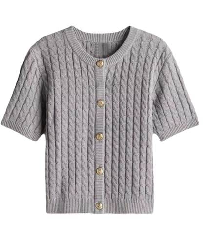Image of Women Cable Knit Short Sleeved Sweater Cardigan Casual Button Up Soft Solid Sweater Shirt Grey