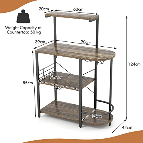 COSTWAY 4-Tier Kitchen Baker's Rack, Industrial Microwave Oven Stand with Detachable Top Shelf, Glass Holder, 6 S-Hooks and Adjustabel Foot Pads, Standing Coffee Bar Table Station, 90x42x124cm - Image 4