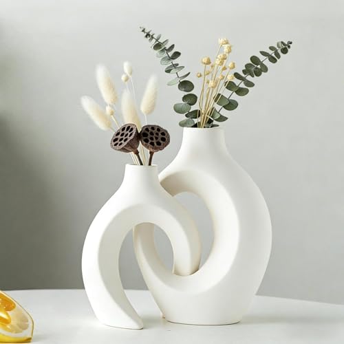 Image of PUREZENTO Abstract White Ceramic Donut Vase 8.4 & 6.8 Inch - Set of 2 | Decorative Hollow Donut Vase for Dried Flowers & Pampas Grass | Vases for Modern Home Decor, Living Room, Office Decor Ideas