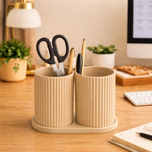 Image of Aesthetic Toothbrush Holder for Bathroom, Dual Cup Ribbed Design, Toothbrush & Toothpaste Organizer Stand, Modern Bathroom and Stationery Accessories Holder (Beige)