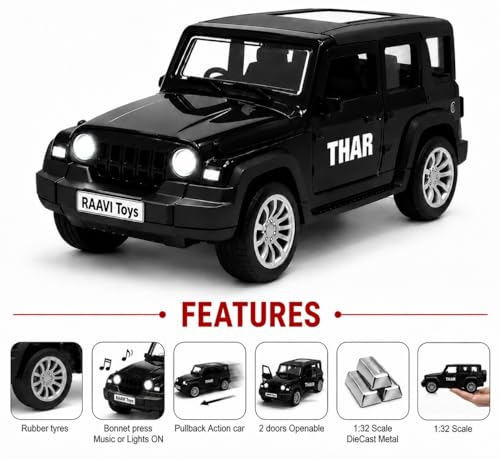 Image of Thar Roxx 1:32 Scale DieCast Metal Pull Back Action Openable Doors, 4x4 Thar Premium Car Toy with Lights and Music for Kids,Gift 2+yrs Girls & Boys (Thar 1:32 Scale Black)