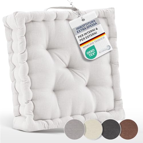Beautissu Cuscini da pavimento 50x50 cm - Cuscino materasso spesso 10cm - 100% cotone cuscino per sedia da interno e da esterno cuscino da pavimento con maniglia cuscino naturale - Mila