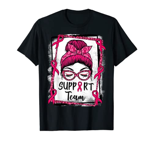 Breast Cancer Support Team Messy Bun Pink Rippon Glasses Camiseta