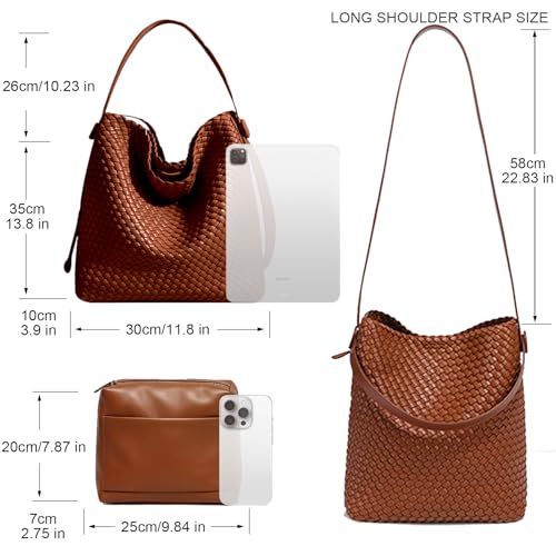Image of Large Woven Tote Bag Vegan Leather Shoulder Bag for Women Fashion Travel Shopper Bag Top Handle Handbag and Purse