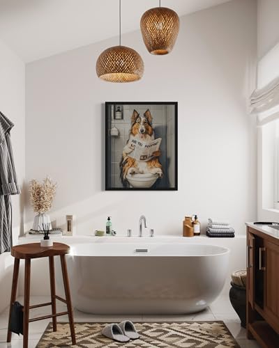 Image of Collie on Toilet Black Framed Wall Art Print Poster, Dog Bathroom Humor Decor Posters Prints for Restroom Home Picture Painting Artwork Gallery 7 (Collie, 20 inchL x 16 inchW, Black Frame)