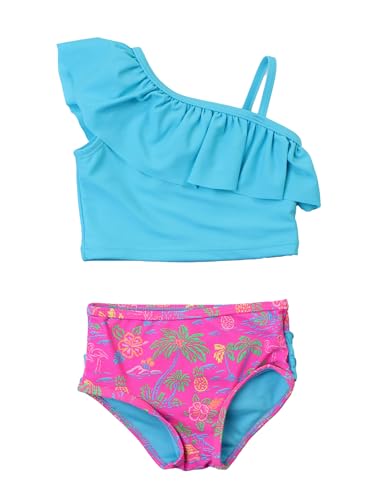 Image of RuffleButts Girls UPF50+ Sun Protection One Shoulder Ruffle Tankini Two Piece Swimsuit