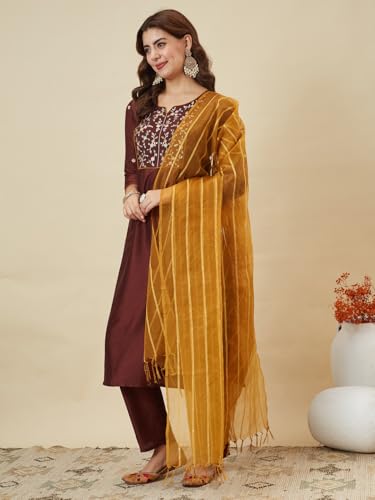 Image of MOKOSH Women's Silk Blend Kurta Pant with Dupatta | Kurta Set | Embroidery | Indian Kurta Outfit With Pant | Ethnic Kurta | 3 Piece Outfit