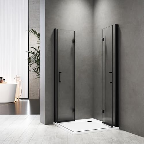 Duschkabine 100x100 cm Falttür 180° Eckeinstieg Duschabtrennung Dusche Falttür 6mm Nano Beschichtung ESG Glas,Schwarz,Höhe 195 cm