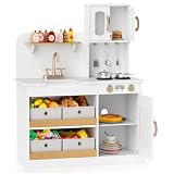 Maxmass Kids Play Kitchen, Wooden Children Toy Kitchen with 4 Fabric Drawers, Sink, Faucet, Cooking Accessories, Toy Cuttable Veggies, Toddler Kitchen Pretend Toy Set for 3+ Years Old Boys Girls