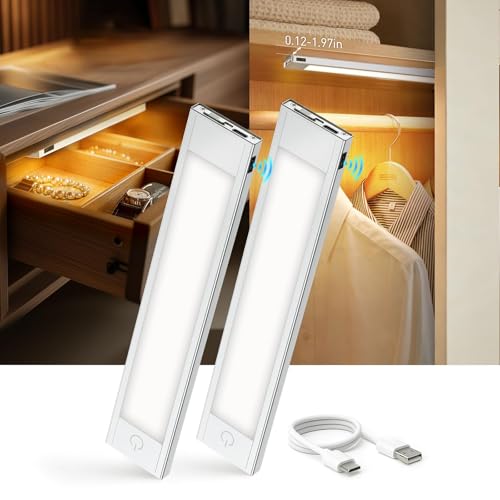 Image of VST Rechargeable Door Activated Under Cabinet Lighting Wireless 3000K | 2 Pack Light 1000mAh Battery Powered Magnetic Ultra-Thin 0.35 inch LED Light Bar with Contact Sensor For Drawer Closet
