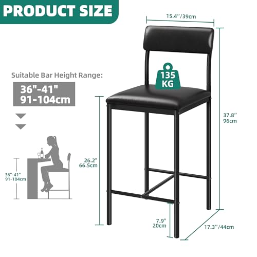 YITAHOME Barhocker Set von 2, Hochhocker mit gepolstertem Sitz und Rückenlehne, industrielle Barhocker für Küche/Esszimmer, Barstühle mit ergonomischem Fußstützen, schwarz