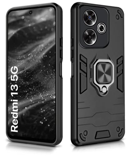 Image of WOW IMAGINE Shock Proof Back Case Mobile Cover for Mi Redmi 13 5G | Poco M6 Plus 5G | Back Cover Case (Tough Armor | Hybrid PC + TPU | Ring Holder & in-Built Kickstand | Black)