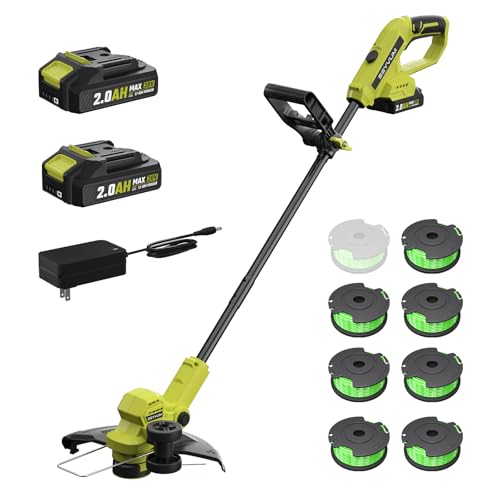 Cordless Strimmer with 2 X 2.0Ah Battery and Charger,Garden Strimmer Adjustable Grass Trimmer 90°Head Rotation with 30cm Cutting Width, edge Trimmer With 8psc Grass Cutter Spool Line for Lawns
