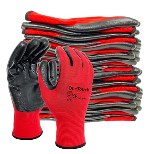 A406 24 Pair Red Work Gloves Nitrile Coated for Builders, Gardening, Construction, Warehouse Use (Large)
