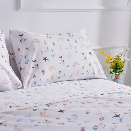 Sea Animal Queen Sheets Fish Whale Underwater World Cute Cozy Fun Queen Bed Sheet Set for Kids Girls Boys Children - Kids Bed Sheet Collection - Deep Pocket, Wrinkle Free and Soft Bedding - 4PC