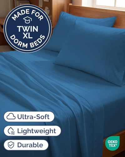 Image of Twin XL 4 Piece Sheet Set - College Dorm Room Essentials - Denim Blue | Ultra Soft Dorm Bedding Set, 8 inch to 16 inch Inch Deep Pockets, 1 Flat & 1 Fitted Sheet & 2 Pillowcases, Wrinkle & Fade Free
