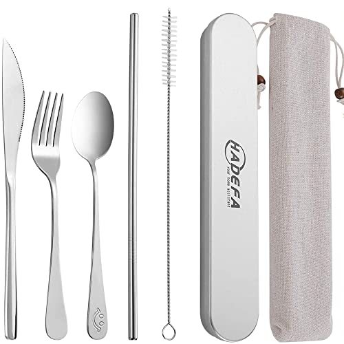 7 in 1 Portable Utensils with Stainless Steel Case for Travel/Camping/Office/School, Reusable Eco-friendly Utensils Silverware Set with Knife/Fork/Spoon/Cleaning Brush/Straws