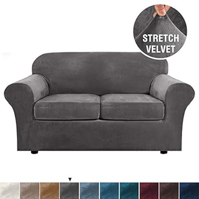 H.VERSAILTEX Real Velvet Plush 3 Piece Stretch Sofa Cover Velvet-Sofa Slipcover Loveseat Cover Furniture Protector Couch Soft Loveseat Slipcover for 2 Cushion Couch with Elastic Bottom(Loveseat,Grey)