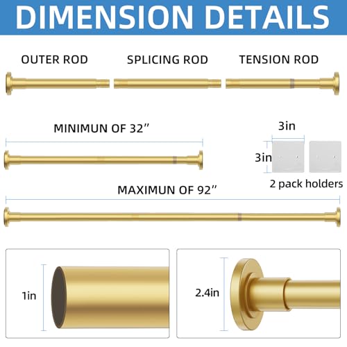 Image of CorkLatta Gold Shower Curtain Rod,1 Inch Diameter Stainless Steel Adjustable Spring Tension Rods 32 to 92 inch,with Holders,Anti-Slip,Curtain Rods No Drilling(1 Pack)
