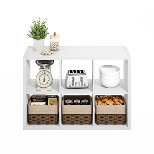 Image of Furinno HERMITE Kitchen Island, 6-Cube Coffee Bar, Extra Thick Kitchen Storage, Bakers Rack, for Pantry Organizers and Storage, Kitchen Organization, White