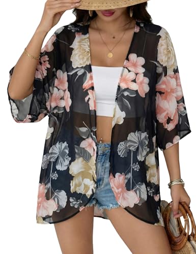 Image of Chunoy Women's Floral Print Puff Sleeve Kimono Cardigan Loose Cover Up Casual Blouse Tops 3X-Large