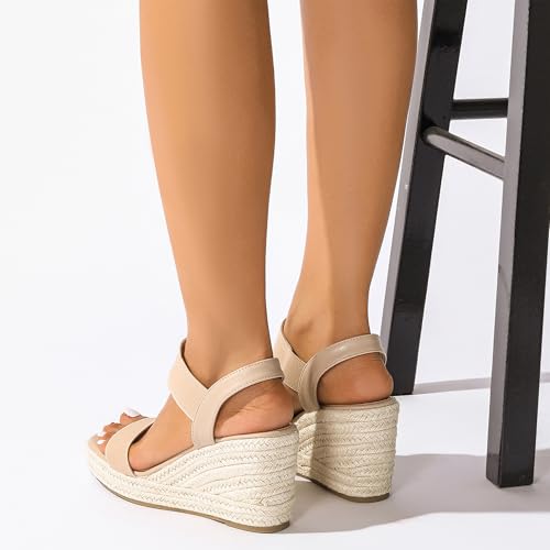 Women's Open-Toe Platform Wedge Sandals Slip-On with Elastic Ankle Strap, Dressy Comfortable Espadrilles Summer Casual Shoes 5