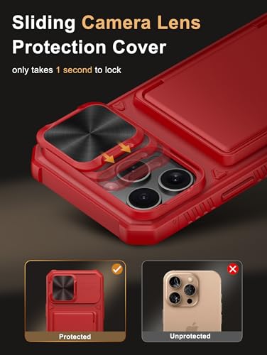 Image of Vihibii for iPhone 16 Pro Max Wallet Case with Card Holder (4 Cards) [RFID Blocking] & Slide Lens Cover & Raised Edges Protect Screen, Shockproof Rugged Phone Cover for iPhone 16 Pro Max, Red