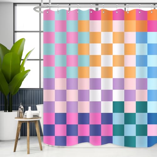 Zxmbf SH-177 Retro Checkered Shower Curtain Colorful Geometric Modern Rainbow Minimalist Groovy Simple Bright Aesthetic Home Bathroom Decor Waterproof Fabric 72Lx72W Inch thumb #5