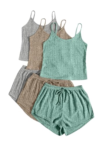 Image of GORGLITTER Women's 3 Pack Pajamas Shorts Lounge Set Soft Sleepwear Pjs | Knit, Comfy Sleeveless Crop Top and Tie Front Shorts, Casual Matching Set for Spring Summer Fall