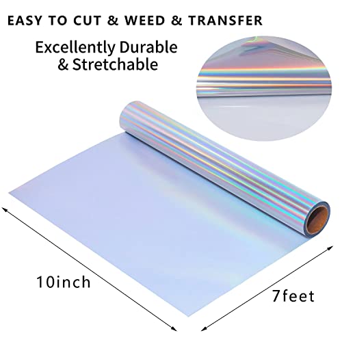 Image of Holographic HTV Vinyl Rainbow Heat Transfer Vinyl Holographic HTV Vinyl Rolls Pack 10 Inch x 7 Feet Iron on Vinyl for Cricut T-Shirts DIY Design, Silhouette Cameo & Heat Press Machine