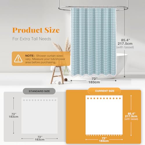 Image of BTTN Extra Long Shower Curtain - 72x84 Inch Long Boho Chic Tassel Linen Fabric Shower Curtain Set with Hooks, Tall Modern Farmhouse Elegant Heavy Duty Cloth Shower Curtains for Bathroom - Fog Blue