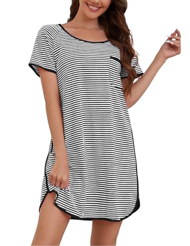Image of VibeVista Cotton Nightgowns for Women Summers Striped House Dresses Short Sleeve Crew Neck Sleepwear Sleepshirts Sleep Dress