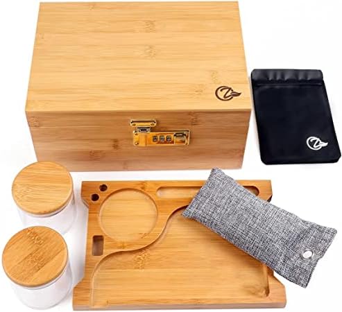 OZCHIN Large Bamboo Storage Box with Lock - Decorative box for Home Locking Bamboo Box with Glass Jar, Tray