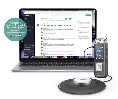 Enregistreur Philips VoiceTracer DVT8115, Microphone de réunion à 360°, 8Go, Enregistrement de réunions. Licence d'essai Sembly AI : Transcription, résumés créés par l'intelligence Artificielle
