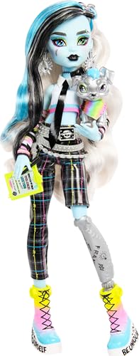 Monster High Frankie Stein Doll, conjunto de comitê de boas-vindas com 15 acessórios, incluindo poster, decalque, Pet Watzit e muito mais (Exclusivo da Amazon)