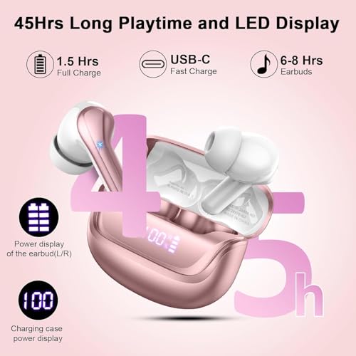 Image of Nerunsa Wireless Earbuds, Bluetooth 5.4 Headphones with 4 ENC Noise Cancelling Mic, 45Hrs Playtime Bluetooth Earphones HiFi Stereo Deep Bass, in Ear Earbuds IP7 Waterproof, Wireless Headphones Pink