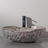 Fossil Gray Marble Vessel Sink – Hand-Carved Canoe-Shaped Bathroom Sink in Natural Stone with Earth Tone Veins – Modern Rustic Countertop sink