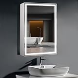 HAUSCHEN HOME 28 x20Inch LED Medicine Cabinet Mirror with Lights for Bathroom,Defogger,Stepless Dimmable, 3000K/5500K Color Temperature Wall Mounted Makeup Mirror,Adjustable Shelf (Assembly Required)