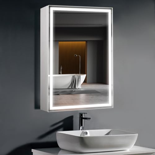 HAUSCHEN HOME 28 x20Inch LED Medicine Cabinet Mirror with Lights for Bathroom,Defogger,Stepless Dimmable, 3000K/5500K Color Temperature Wall Mounted Makeup Mirror,Adjustable Shelf (Assembly Required)