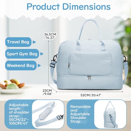 Image of Travel Duffle Bag,Weekender Bags for Women with Shoe Compartment Personal Item Travel Bag Carry on Overnight Bags For Airplanes Gym Duffel Bag with Wet Pocket Hospital Bag for Labor and Delivery Blue